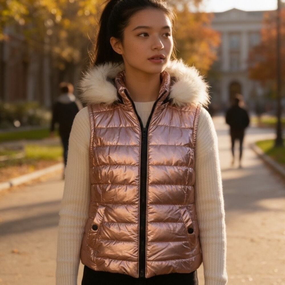 Urban Republic Metallic Rose Gold Puffer Vest Faux Fur Hood Women’s Small NWT
